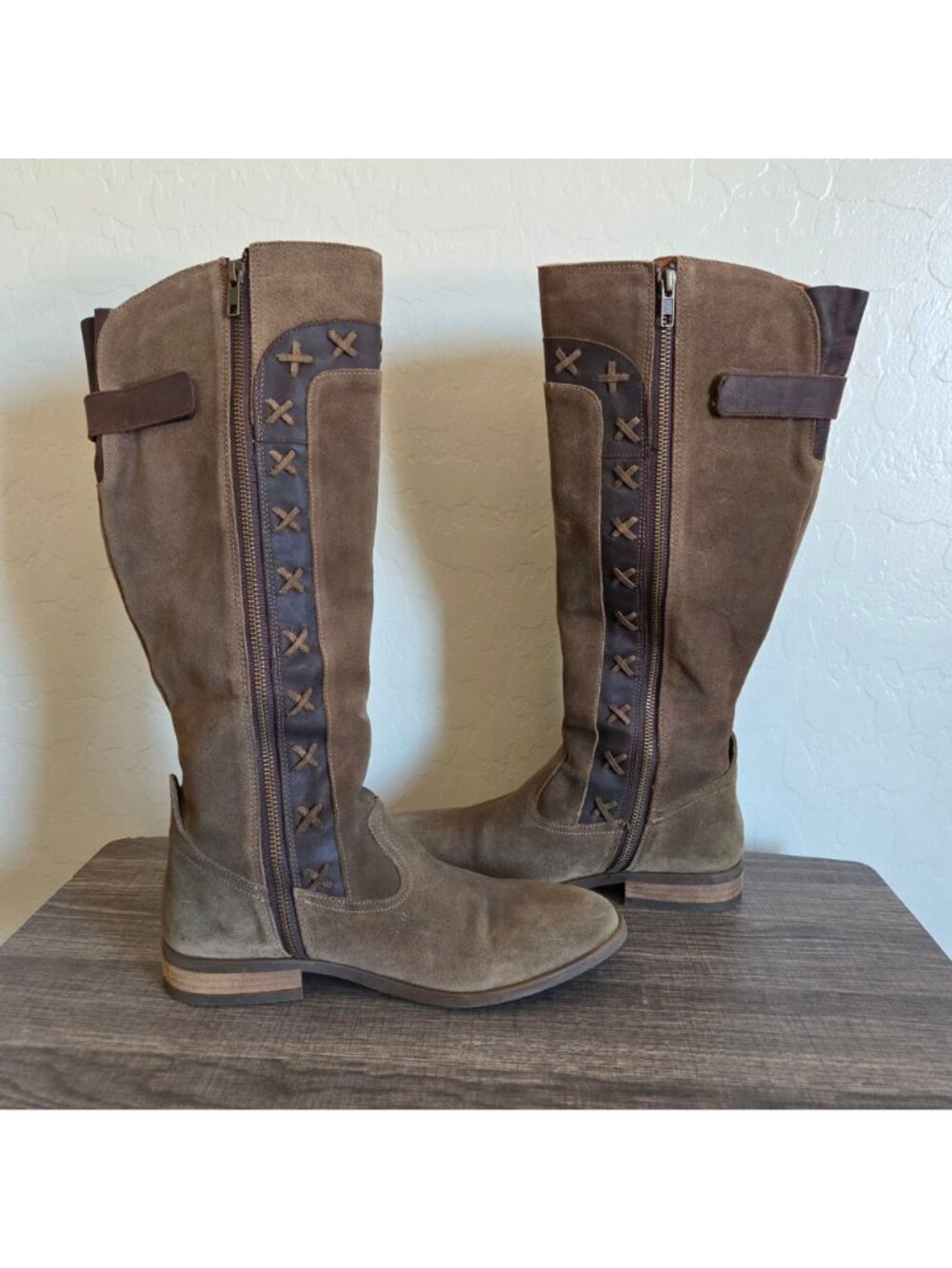 Born Suede Distressed Albi Tall Riding Boots Brown 8.5 Western Boho Cross Stitch - Picture 7 of 12